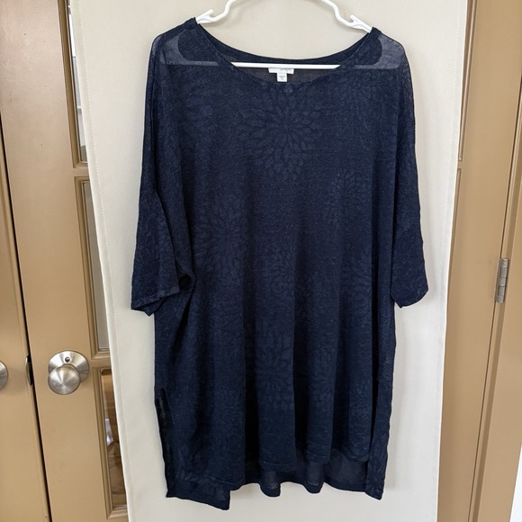 J. Jill Sweaters - J. Jill Womens XL Navy‎ Blue Floral Linen Blend Short Sleeve Knit Sweater